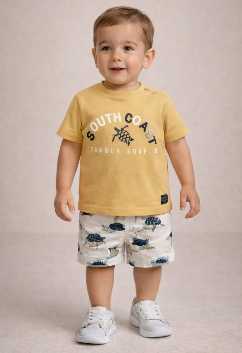 ديركجي طقم ولادي قطعتين تي شيرت وسروال قصير برباط بطبعة سلاحف البحر